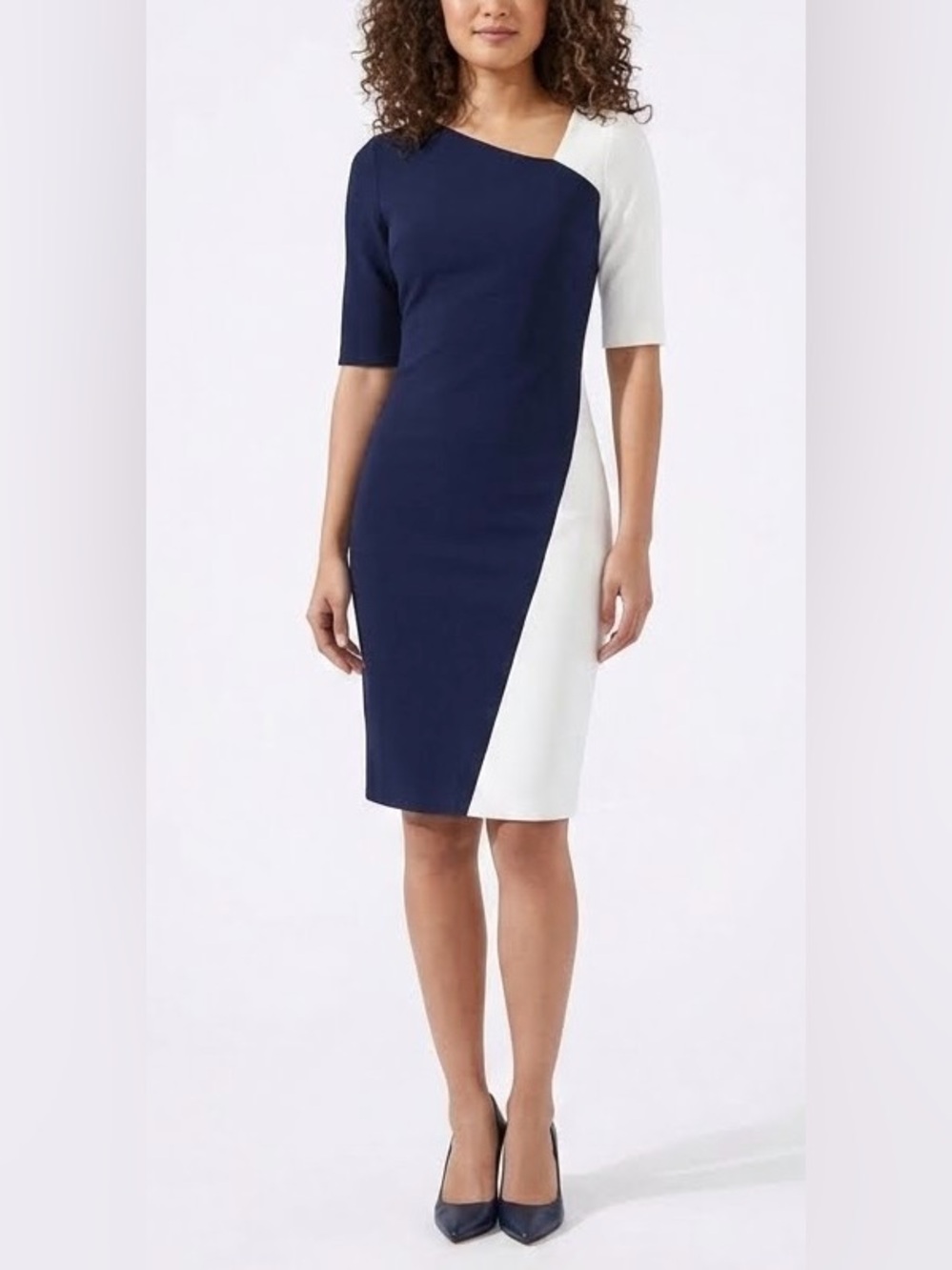 St. John Luxe Sculpture Knit Colorblock Midi Dress Navy White Medium M 6